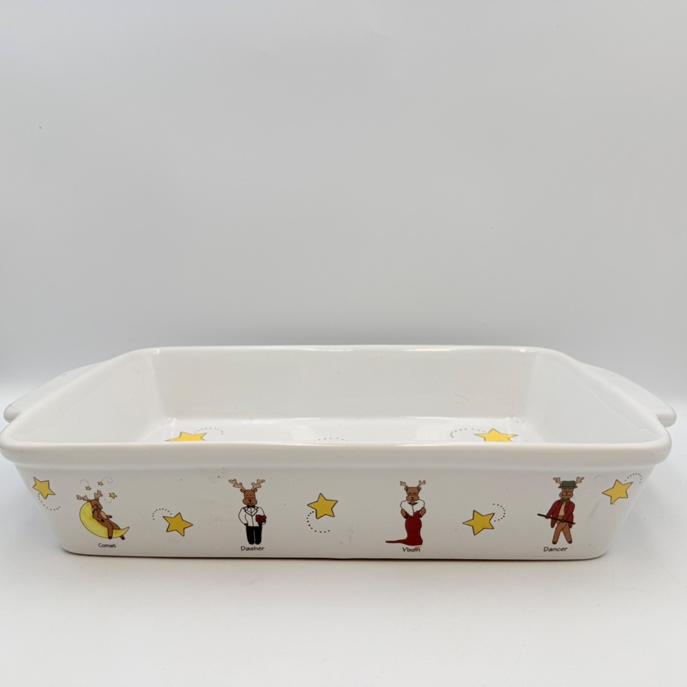 ABC Distributing Reindeer Christmas Ceramic Baking Dish 13x9 White Yellow Stars